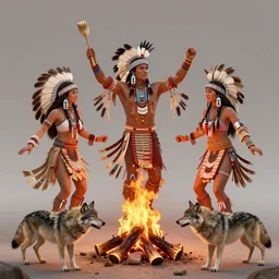 Native american dancing around a fire with wolves, hd, intricate, 8k, digital art