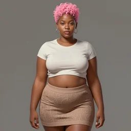 full body portrait, teenage vanessa morgan, pink hair, dark skin, obese, curly pixie hair, sultry, realistic, short hair, hoop earrings, skirt, shirt, fat, belly, intricate, elegant, highly detailed, digital painting, artstation, concept art, smooth, sharp focus, illustration, art by wlop, mars ravelo and greg rutkowski