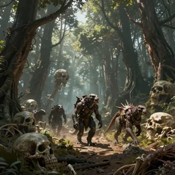 sci - fi monster hunters, walking in a flesh and bones forest, hyperdetailed, art liam sharp
