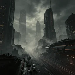 a wide angle view of a steamy technopunk city, in the style of tron legacy, concept art, desaturated, cinematic, film noir, ominous, darksynth, illuminated lines, outrun, misty, octane render, by zack snyder and jeremy mann, 8 k