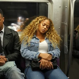 beyonce asleep riding the subway late at night