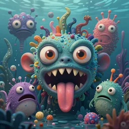 intricate colourful murky with strange cute friendly angry crazy creatures with huge beauty eyes long tongue triangle teeth and scary face appearing from the water