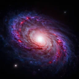 The grand ending of an ominous era outside an exoplanet in space with a clear view of a spiral galaxy in splashes of red, purple and dark blue in unreal engine n- 4