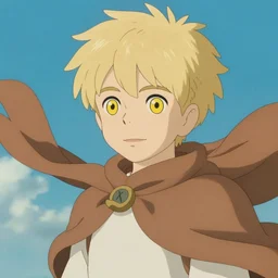 blonde boy with yellow eyes wearing a brown cape in the style of studio ghibli, artgerm