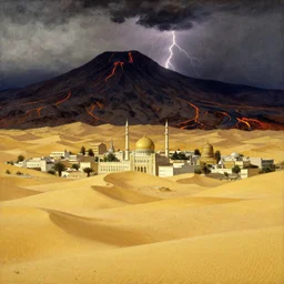 between desert and mountain, city with islamic architecture, gold desert, dark mountain with lava, thunderstorm, fantasy, art by joseph leyendecker, peter mohrbacher, ivan aivazovsky, ruan jia, reza afshar, marc simonetti, alphonse mucha