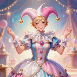 award winning digital portrait of a feminine attractive male jester at a colorful circus, male art by sakimichan of hisoka, beautiful circus themed with soft pastel colors and lights, trending artstation, digital art, aesthetic, bloom, intricate, elegant, sharp focus, digital illustration, highly detailed, octane render, digital painting, concept art, artgerm, fantasy, masterpiece, by lisa buijteweg and sakimichan