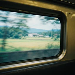 fuji 5 0 r, 3 5 mm ; closeup seinen manga film still of shinkansen interior with leather seat side window view like ; in the background projection of beautiful hyperrealistic film still from midsommar ( 2 0 1 9 ) summer scene matte painting in style of 1 9 9 0 frontier in porcelain 3 5 mm photography magazine architectural studio edition, highly detailed, cinematic lighting, 8 k