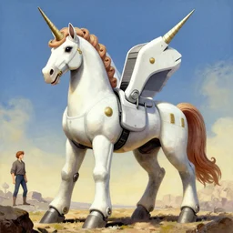 a large anthropomorphic unicorn shaped mecha by paul lehr and moebius