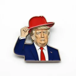 enamel pin of donald trump holding a red hat. product photography. white background