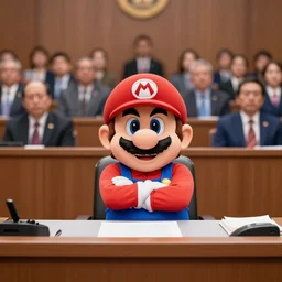 a 4 k photograph of super mario with his arms crossed sitting at a desk testifying in a courtroom | a crowd of people sit behind him