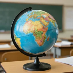 the planet coruscant as a classroom globe, on a desk, photograph