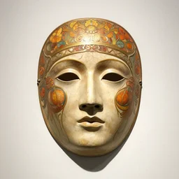 a museum photograph of a beautiful, symmetrical, intricate, highly detailed art nouveau mask depicting aspects of october, by alphonse mucha