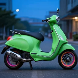 photo of the most customized scooter in the world, green matte paintjob, tuning award, big chrome exhaust, blue hour, colorful rims, 8 5 mm, f / 1. 3