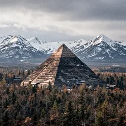 a large taiga with a huge pyramid in it. snow capped mountains are in the background. overcast sky, snowing, grainy.