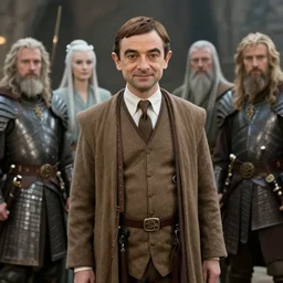 Mr Bean as one of the members of the fellowship of the ring with hobbits, elves, and humans in armor, movie still, 4k
