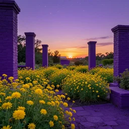 garden with yellow flowers, purple columns, purple brick, stars, sunset, 8 k