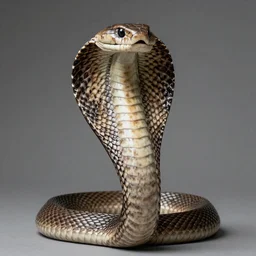 portrait of a cobra with a coat of curly bronze hair.  Professional studio photography.