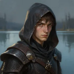 dungeons and dragons young hooded warrior character closeup portrait, dramatic light, lake background, 2 0 0 mm focal length, painted by stanley lau, painted by greg rutkowski, painted by stanley artgerm, digital art, trending on artstation