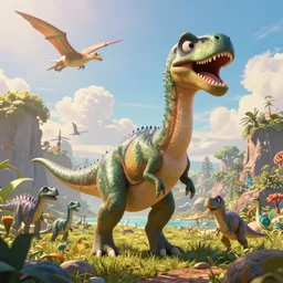 A place full of land dinosaurs, along with flying dinosaurs and sea dinosaurs, 2D animation, 2D art, kids artwork