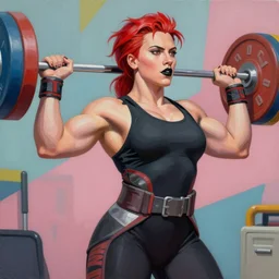 greg manchess portrait of scarlett johansson as thick very muscular gothic weightlifter zarya from overwatch with red hair and black lipstick, fantasy medium shot, asymmetrical, profile picture, organic painting, sunny day, matte painting, bold shapes, hard edges, street art, trending on artstation, by huang guangjian and gil elvgren and sachin teng