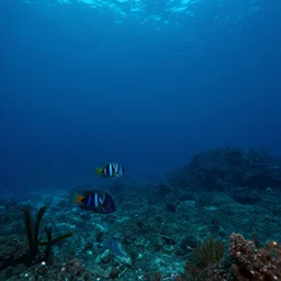 alien fish swimming on the ocean bed, deep blue ocean color, some plant life, alien landscape, cinematic perspective, cinematic lighting