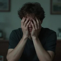 feelings of shame, male portrait + concept art, mysterious indoor surroundings, realistic emotions