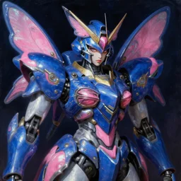 a baroque neoclassicist renaissance close - up portrait of a deep blue and pink iridescent whimsical 1 8 0 0 s japanese mecha gundam butterfly witch. reflective detailed textures. intense look, dark background. highly detailed fantasy science fiction painting by moebius, norman rockwell, frank frazetta, and syd mead. rich colors, high contrast. artstation