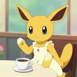vaporeon wearing a sundress sitting at a table with cup of coffee by draggincat