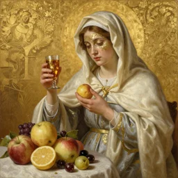 vivaldi four seasons masterpiece ultrarealistic ultradetailed painting of catholic veiled lady beside fruits, still life, greg rutkowski, immerse, slime, 2 0 th century, special effects makeup, maximalist, glittering, gold, ivory, hyperreal, golden ratio, alphonse mucha