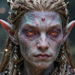 incredibly realistic, too detailed face of ethereal cave elf bandit, octane render, bump mapping, macro image, global illumination, 8 k, bokeh, xenoblade, d & d, elder scrolls, one piece