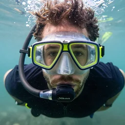 closeup potrait of a man snorkeling underwater in flooded amsterdam, photograph, natural light, sharp, detailed face, magazine, press, photo, Steve McCurry, David Lazar, Canon, Nikon, focus
