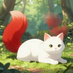 white cat with fluffy red tail like fox tail lying at sunny forest, high detailed, hyper realistic, octane engine, anime illustration, fantasy, ray tracing