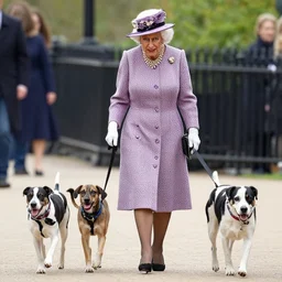 the queen wearing a dog collar walking her dogs