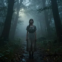 the last housewife on earth in a foggy rainy forest, epic scene, extremely detailed masterpiece, extremely moody lighting, glowing light and shadow, atmospheric, shadowy, cinematic