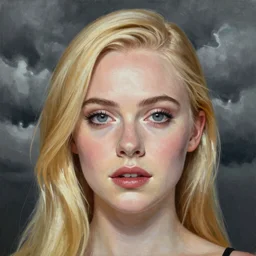 professional painting of Elle Fanning in the style of a Purity Ring album, head and shoulders portrait, symmetrical facial features, smooth, sharp focus, illustration, intricate, stormy weather, extremely detailed masterpiece,