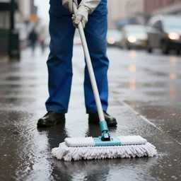 closeup portrait of a cleaner with a mop fighting puddles in rainy new york street, by Steve McCurry and David Lazar, sun rays, studio light, detailed face, CANON Eos C300, ƒ1.8, 35mm, 8K, medium-format print