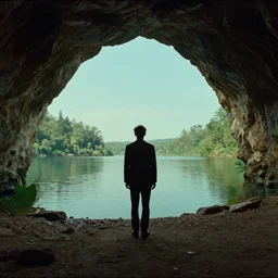a man exploring a cave off of a lake in France, film still from the movie directed by Wes Anderson and Jacques Tati with art direction by Salvador Dalí, wide lens