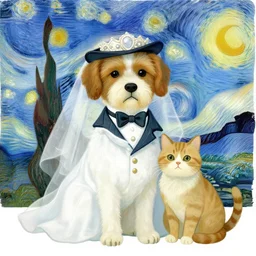 a dog bridegroom with cat bride in the style of vincent van gogh