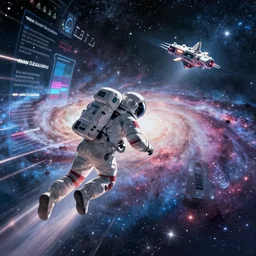 futuristic astronaut chasing a distant spaceship Anime, wide angle, fine details, cinematic. colorful galaxy starscape. realistic shaded lighting by Ilya Kuvshinov Giuseppe Dangelico Pino and Michael Garmash and Rob Rey greg rutkowski, octane render, IAMAG premiere, aaaa achievement collection, bullet traces, cinematic hologram, fabulous, daily deviation, annual award winner