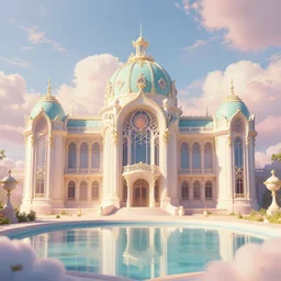 beautiful digital illustration of an Art Nouveau palace in the sky, realistic clouds, pastel color scheme, reflecting pool, concept art, deviantArt, artsation, artstation HQ, HD, 16k resolution, octane, finalRender, Unreal Engine