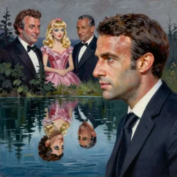 a photorealistic highly detailed painting of a vintage 1 9 5 0's emmanuel macron looking at his reflection in a lake by johfra bosschart, lisa frank, kinkade, visionary art, dark fantasy art, high detail, trending on artstation
