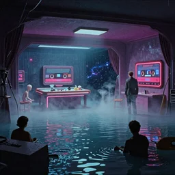 ballroom flooded with water, cassette futurism, cosmic psychedelic horror, atmospheric haze, film. illustration by edward hopper, norman rockwell. film still, 1 6 mm cinematography