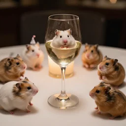 photo of a hamsters on a date, stuck in a glass of wine, at night, faded colors, candlelit restaurant table, various poses, soft light, centered, sharp focus, 8 k