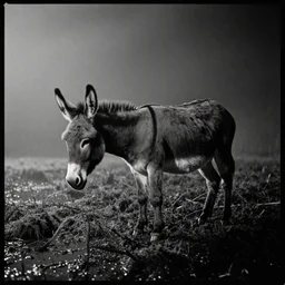 a movie still by tarkovsky of gargantua with one donkey in a swamp mossy, by night, cinestill 8 0 0 t 3 5 mm b & w, heavy grain, high quality, noir, natural textures, photorealistic, ambient occlusion, hd, mud, fog, criterion collection