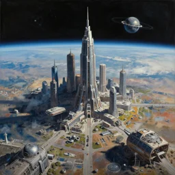 a painting of low earth orbit space city under war, by john harris. ultra clear detailed. 8 k