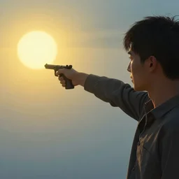 the sun crying, man pointing weapon at it