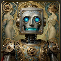 retro boxy robot, lcd mouth, crusty, glowing blue green eyes, detailed realistic surreal groovypunk robot in full regal attire. face portrait. art nouveau, symbolist, visionary, baroque, gears, horizontal symmetry by zdzisław beksinski, iris van herpen, raymond swanland and alphonse mucha. highly detailed, hyper - real, beautiful
