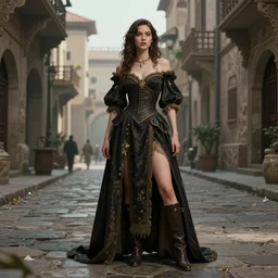 costume design from mosquito designers, sophisticated composition, old masters light composition, procedurally generated, epic drama girl character posing for concept art, ancient city streets behind her, substance designer, PBR, HD, Ultra detailed, hyperrealistic, megascans, volumetric light, concept by master artist, made in paint tool SAI2, trending pixiv face