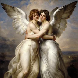 2 muscular angels hugging, victorian painting