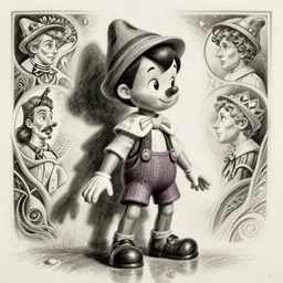 if pinocchio was a real boy, beautiful shadowing, 3 d shadowing, reflective surfaces, 8 k, beautifully detailed pencil illustration, intricate, epic composition, masterpiece, bold complimentary colors. stunning masterfully illustrated by artgerm, range murata, alphonse mucha